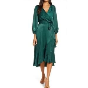 Gal Meets Glam Collection Jennifer Shimmer Satin Wrap Midi Dress Size US 10